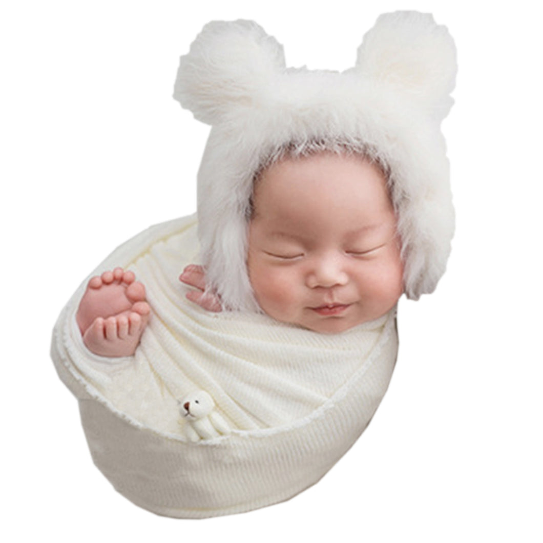 Babymoon Set of 3 | Bonnet, Wrap n Bear Teddy New Born | Baby Photography Props | Costumes | White