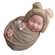 Load image into Gallery viewer, Babymoon Set of 3 | Bonnet, Wrap n Bear Teddy New Born | Baby Photography Props | Costumes | Brown