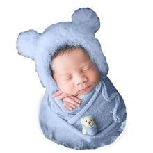 Load image into Gallery viewer, Babymoon Set of 3 | Bonnet, Wrap n Bear Teddy New Born | Baby Photography Props | Costumes | Blue
