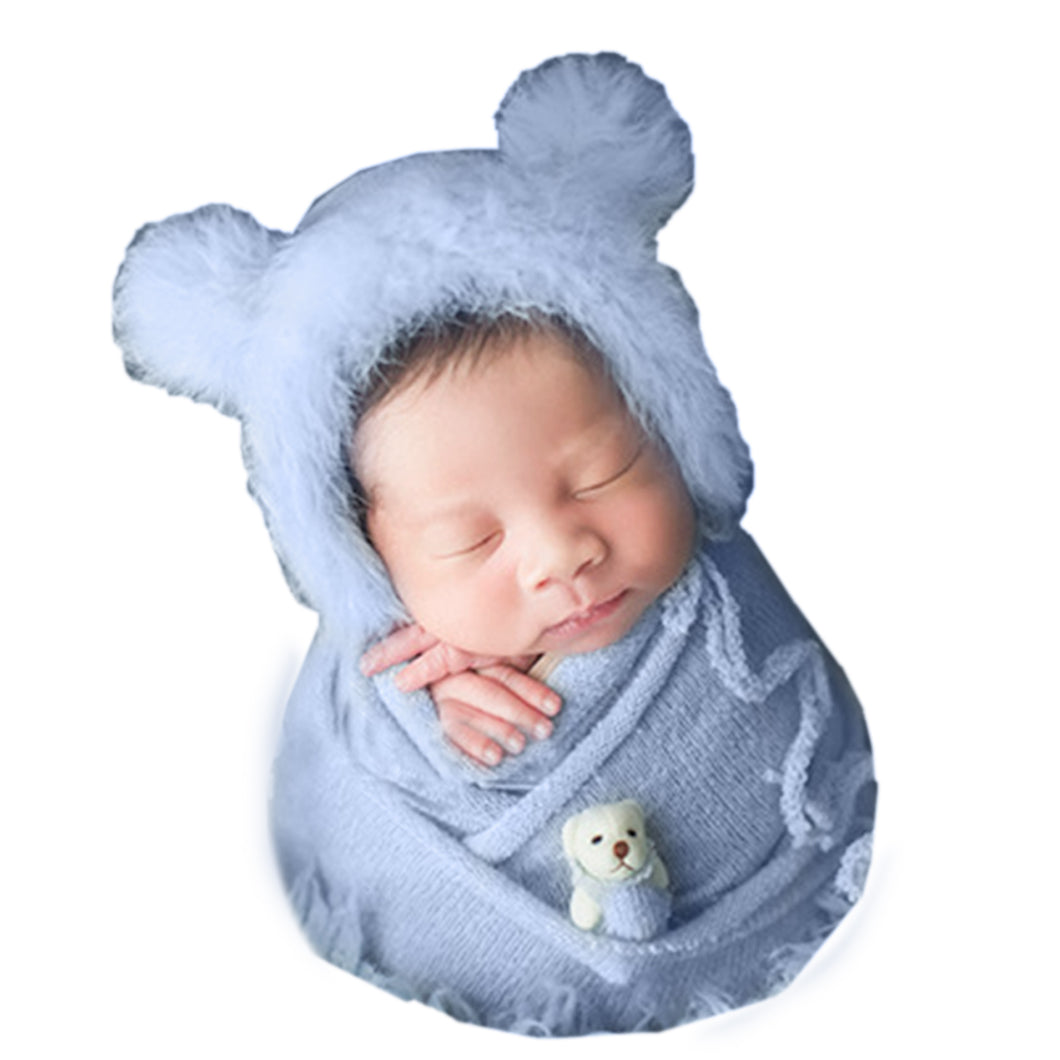 Babymoon Set of 3 | Bonnet, Wrap n Bear Teddy New Born | Baby Photography Props | Costumes | Blue