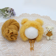 Load image into Gallery viewer, Babymoon Set of 3 | Bonnet, Wrap n Bear Teddy New Born | Baby Photography Props | Costumes | Yellow
