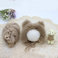 Load image into Gallery viewer, Babymoon Set of 3 | Bonnet, Wrap n Bear Teddy New Born | Baby Photography Props | Costumes | Brown
