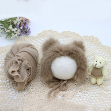 Load image into Gallery viewer, Babymoon Set of 3 | Bonnet, Wrap n Bear Teddy New Born | Baby Photography Props | Costumes | Brown