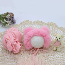 Load image into Gallery viewer, Babymoon Set of 3 | Bonnet, Wrap n Bear Teddy New Born | Baby Photography Props | Costumes | Pink