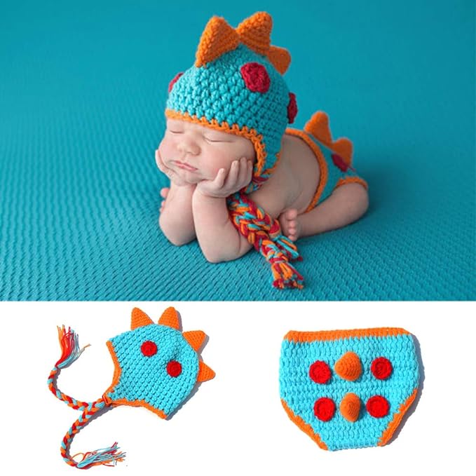 Babymoon Dinosaur Newborn Photography Crochet Outfit Costume - Blue