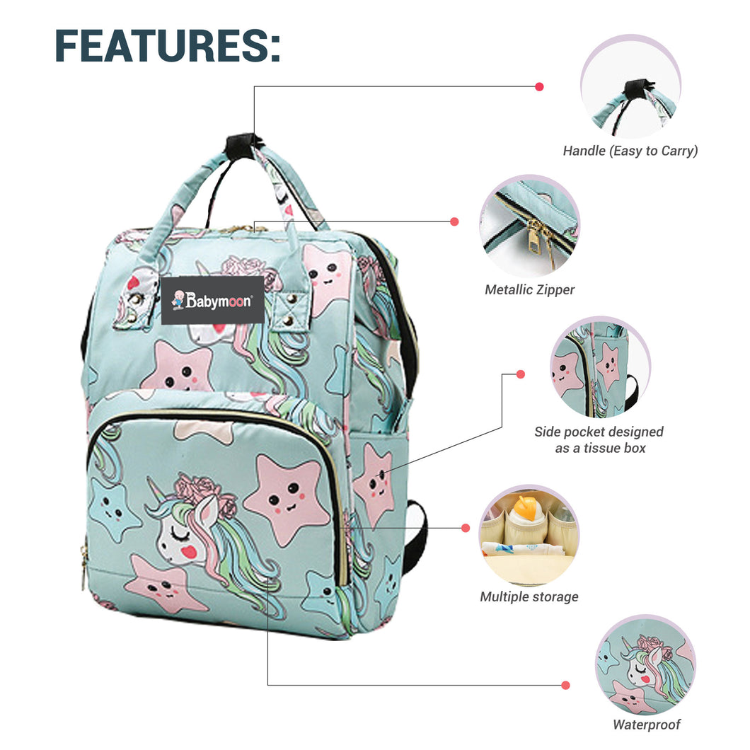 Babymoon Mother Diaper Bag Lightweight Multifunctional Travel Unisex Diaper Backpack - Light Green Star