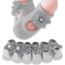 Load image into Gallery viewer, Babymoon Set of 3 | Non-Skid, Anti Slip Pearl Bow Flower Baby Socks Gift Box | Safety Protector | 0-12M | Grey