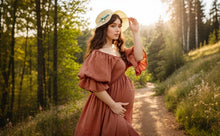Load image into Gallery viewer, Babymoon Puff Sleeve Front Slit Maternity Gown Dress | Orange