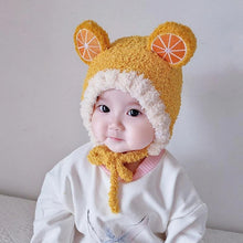 Load image into Gallery viewer, Babymoon Baby Fruit Orange Design Ear Cap with String Winter Kids Hat Boys Girls Cap | Yellow | 2-8 Year