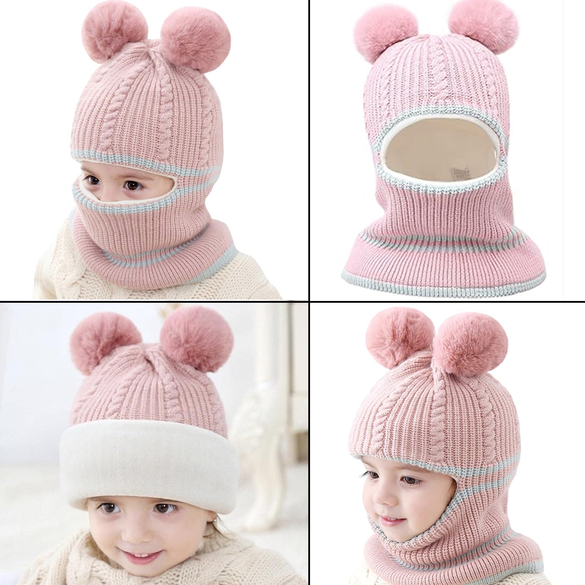 Babymoon Pom-Pom Knit Winter Kids Boys Girls Monkey Cap Baby Hat Pink 2-8 yr