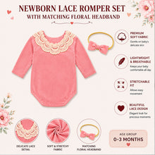 Load image into Gallery viewer, Babymoon | Set of 2 | Baby Velvet Romper and Hairband | Baby Photoshoot Props | Baby Costume | Pink