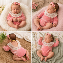 Load image into Gallery viewer, Babymoon | Set of 2 | Baby Velvet Romper and Hairband | Baby Photoshoot Props | Baby Costume | Pink