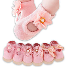 Load image into Gallery viewer, Babymoon Set of 3 | Non-Skid, Anti Slip Pearl Bow Flower Baby Socks Gift Box | Safety Protector | 0-12M | Pink