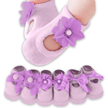 Load image into Gallery viewer, Babymoon Set of 3 | Non-Skid, Anti Slip Pearl Bow Flower Baby Socks Gift Box | Safety Protector | 0-12M | Purple