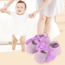 Load image into Gallery viewer, Babymoon Set of 3 | Non-Skid, Anti Slip Pearl Bow Flower Baby Socks Gift Box | Safety Protector | 0-12M | Purple
