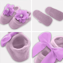 Load image into Gallery viewer, Babymoon Set of 3 | Non-Skid, Anti Slip Pearl Bow Flower Baby Socks Gift Box | Safety Protector | 0-12M | Purple