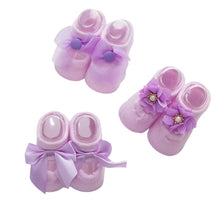 Load image into Gallery viewer, Babymoon Set of 3 | Non-Skid, Anti Slip Pearl Bow Flower Baby Socks Gift Box | Safety Protector | 0-12M | Purple