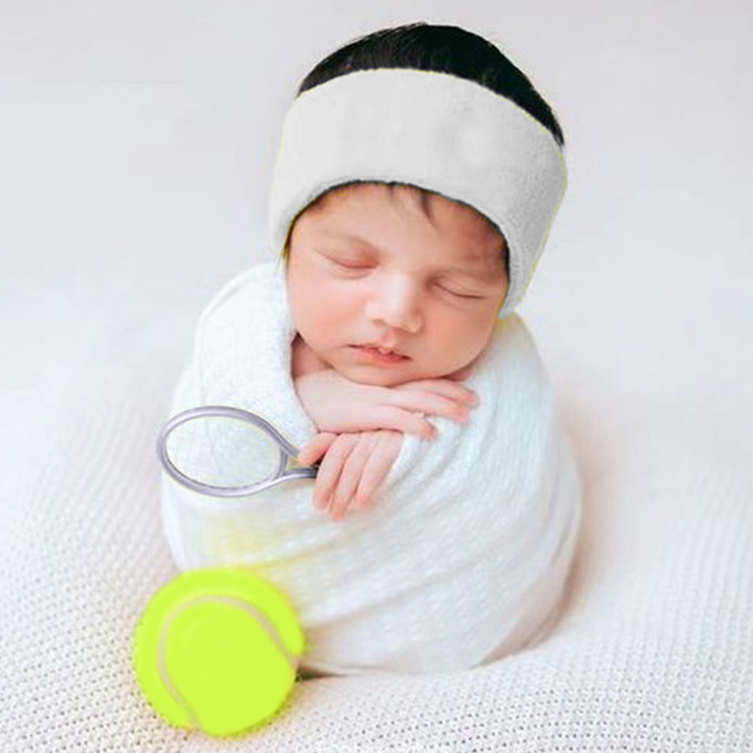 Babymoon Tennis Ball, Racket & Belt | Baby Photography Props | Set Of 3 | 1 Yr | White