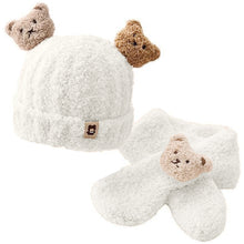 Load image into Gallery viewer, Babymoon Winter Bear Fleece Soft Baby Cap Hat with Scarf Boy’s Girls Kids Cap Hat Headwear | White | 0-3 Yr