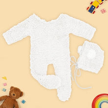 Load image into Gallery viewer, Babymoon Set of 2 | Fleece Suit with Infant Baby Bear Cap Hat | Baby Photography Props Costume | Baby Gift Set | 0-3 Months | White