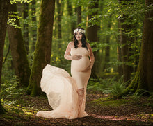 Load image into Gallery viewer, Babymoon Full Sleeve Net Lace Stretchable Maternity Gown Dress | Peach
