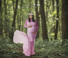 Load image into Gallery viewer, Babymoon Full Sleeve Net Lace Stretchable Maternity Gown Dress | Darkpink