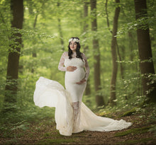 Load image into Gallery viewer, Babymoon Full Sleeve Net Lace Stretchable Maternity Gown Dress | White