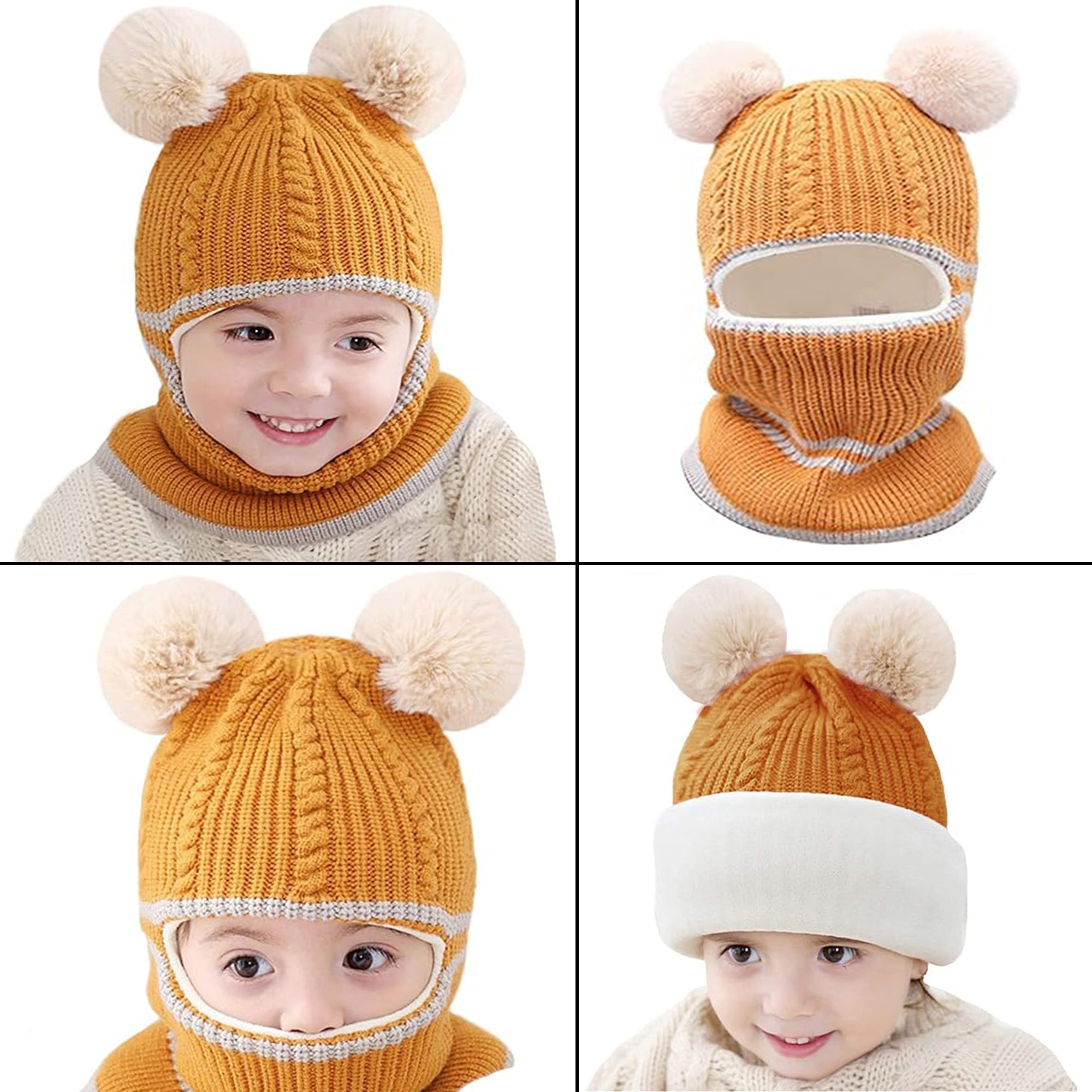 Babymoon Pom-Pom Knit Winter Kids Boys Girls Monkey Cap Baby Hat Yellow 2-8 yr