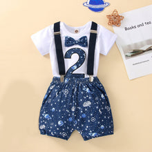 Load image into Gallery viewer, Babymoon 2nd Birthday Cake Smash Outfit |Romper & Suspender Costume | 2 Yr - Blue