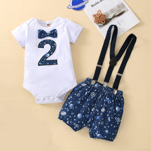 Load image into Gallery viewer, Babymoon 2nd Birthday Cake Smash Outfit |Romper & Suspender Costume | 2 Yr - Blue