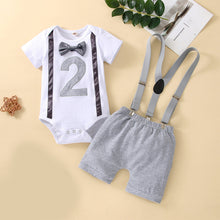 Load image into Gallery viewer, Babymoon 2nd Birthday Cake Smash Outfit |Romper & Suspender Costume | 2 Yr - Grey