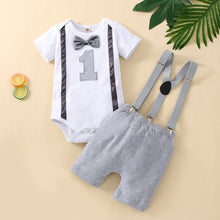 Load image into Gallery viewer, Babymoon 1st Birthday Cake Smash Outfit |Romper & Suspender Costume | 1 Yr - Grey