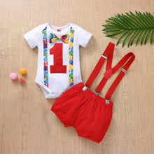 Load image into Gallery viewer, Babymoon 1st Birthday Cake Smash Outfit |Romper & Suspender Costume | 1 Yr - Red