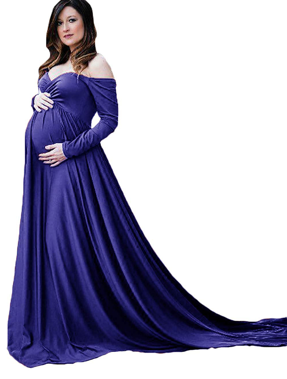 Babymoon Off Shoulder Maternity Gown Dress - Blue