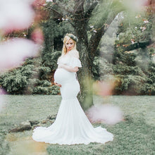 Load image into Gallery viewer, Babymoon Off Shoulder Maternity Gown Dress - White