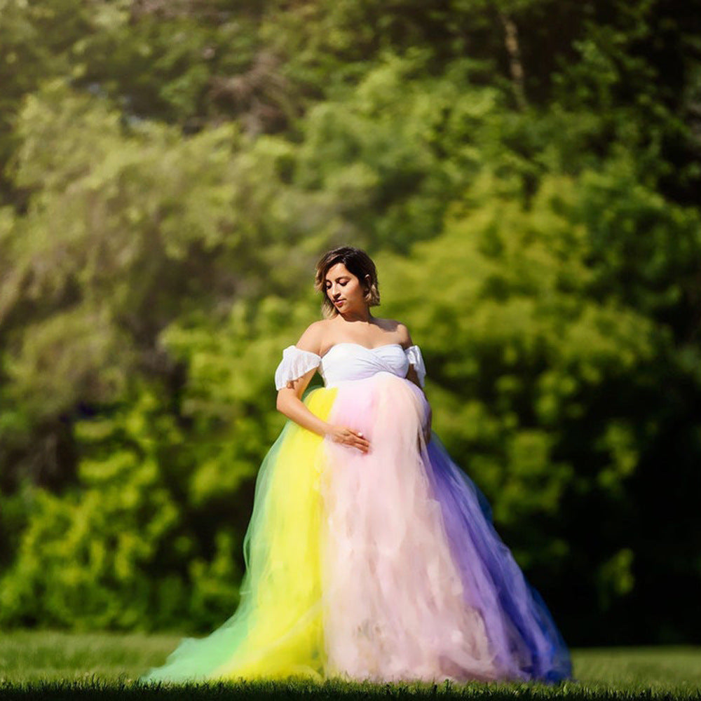 Babymoon Rainbow Off Shoulder Maternity Gown Dress - Multi