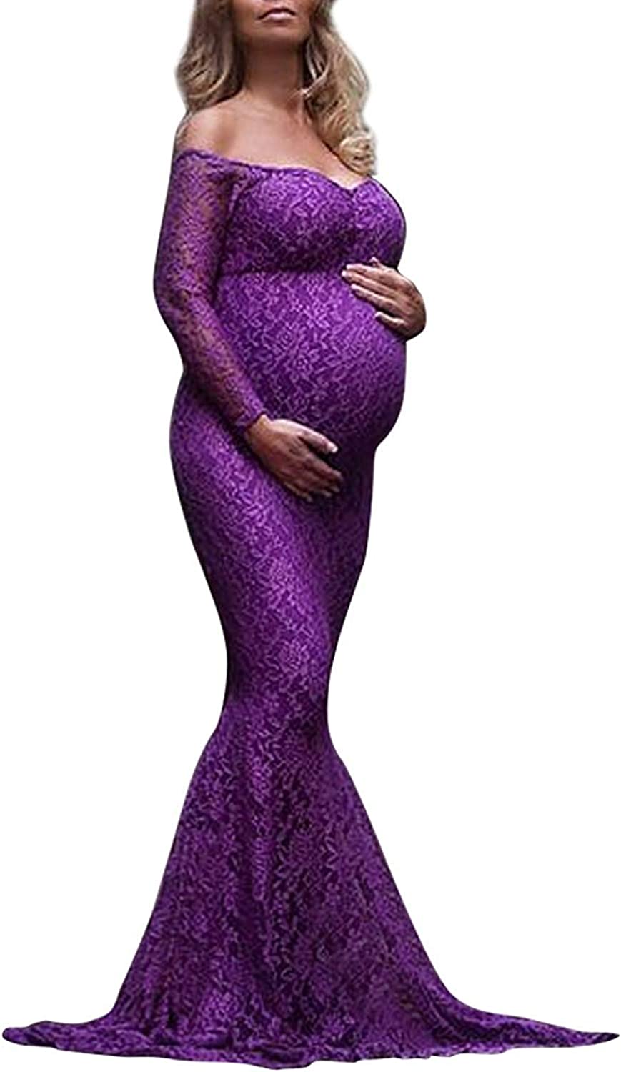 Babymoon Lace Off Shoulder Maternity Gown Dress Purple