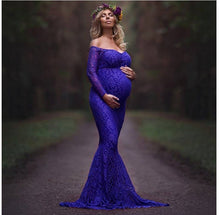 Load image into Gallery viewer, Babymoon Lace Off Shoulder Maternity Gown Dress - Blue