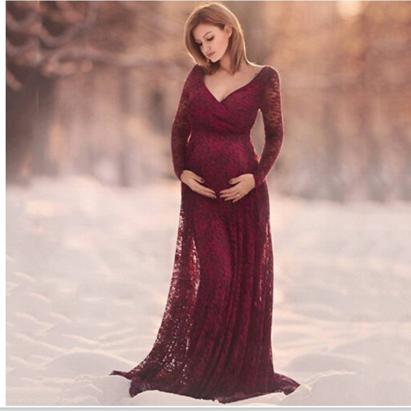 Babymoon Full Sleeve Maternity Gown Dress - Maroon