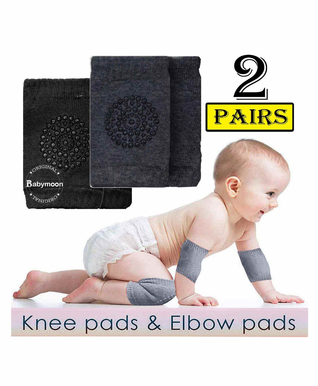 Babymoon Baby Kids Knee Pads AntiSlip Stretchable Knee Cap Elbow Safety - Black & DarkGrey