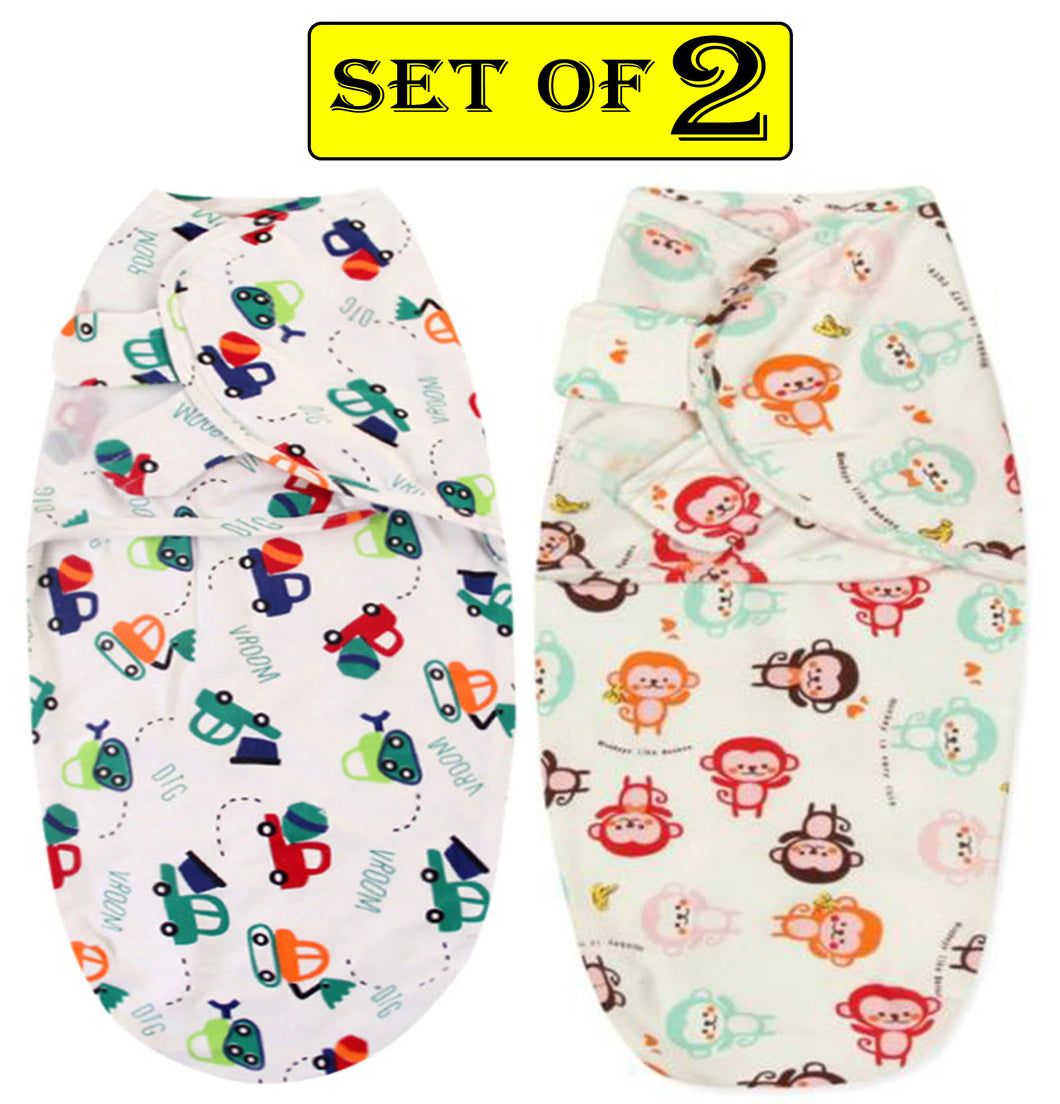 Babymoon Organic Designer Cotton Swaddle Wrap | Car & Monkey | Pack of 2