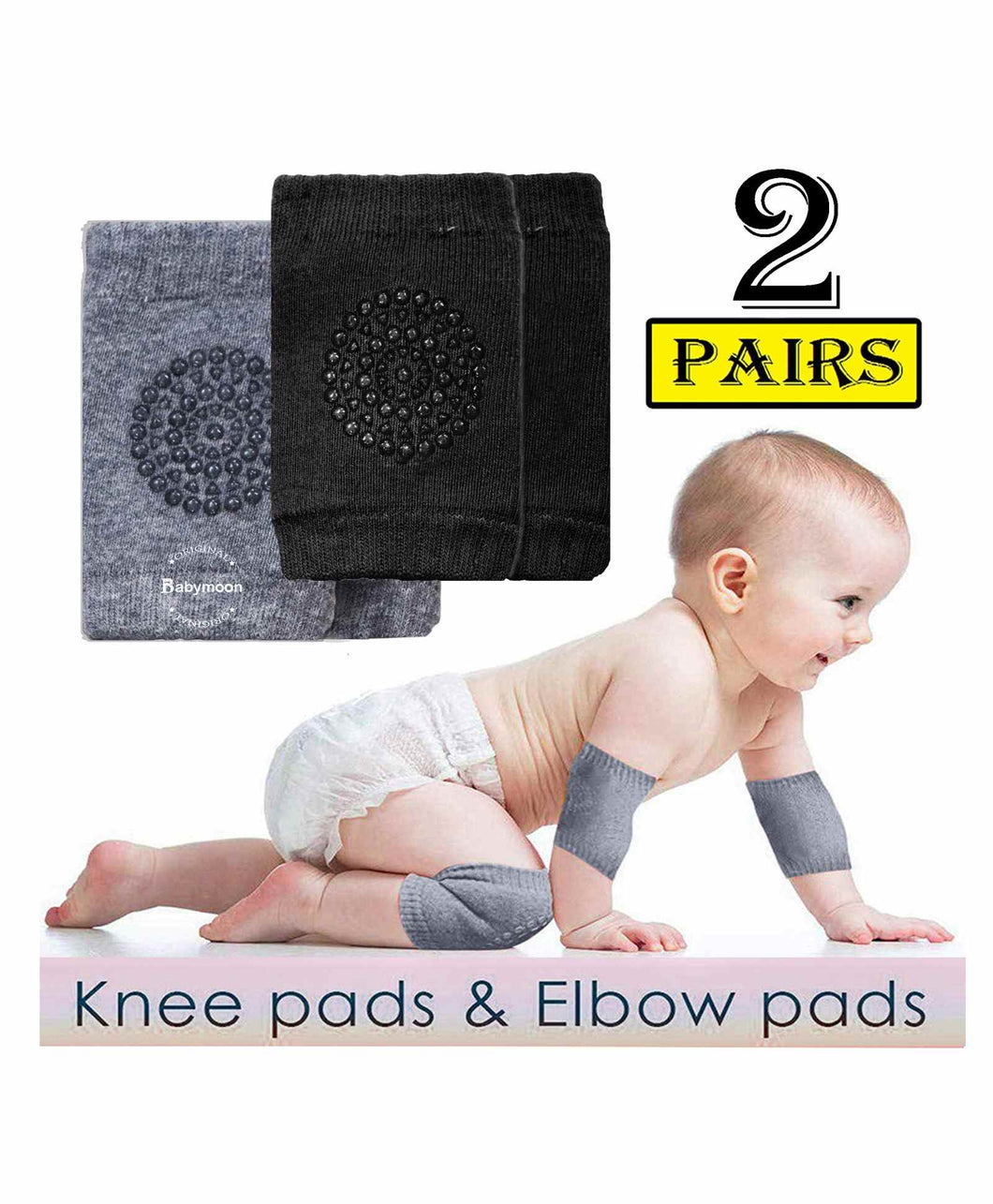Babymoon Baby Kids Knee Pads AntiSlip Stretchable Knee Cap Elbow Safety - Light Grey & Black
