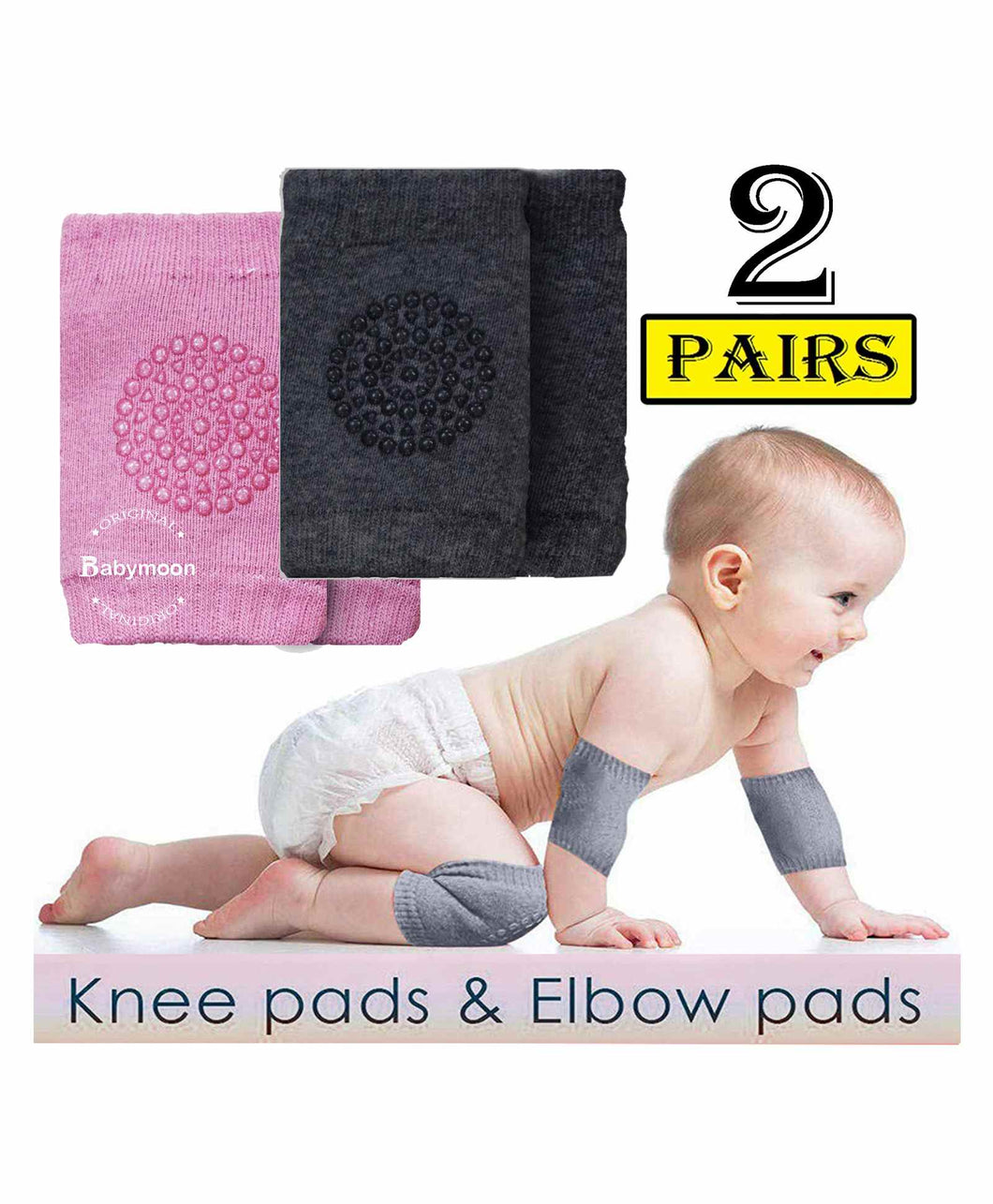Babymoon Baby Kids Knee Pads AntiSlip Stretchable Knee Cap Elbow Safety - Dark Grey & Pink