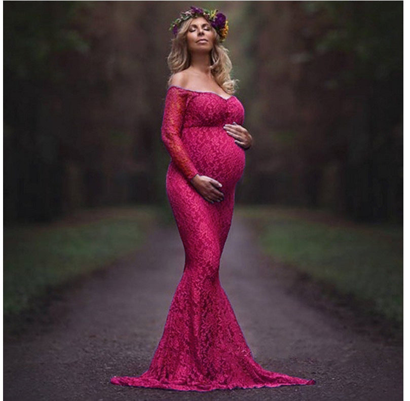 Babymoon Lace Off Shoulder Maternity Gown Dress - Pink Pink / L