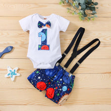 Load image into Gallery viewer, Babymoon 1st Birthday Cake Smash Outfit |Romper & Suspender Costume | 1 Yr - Blue