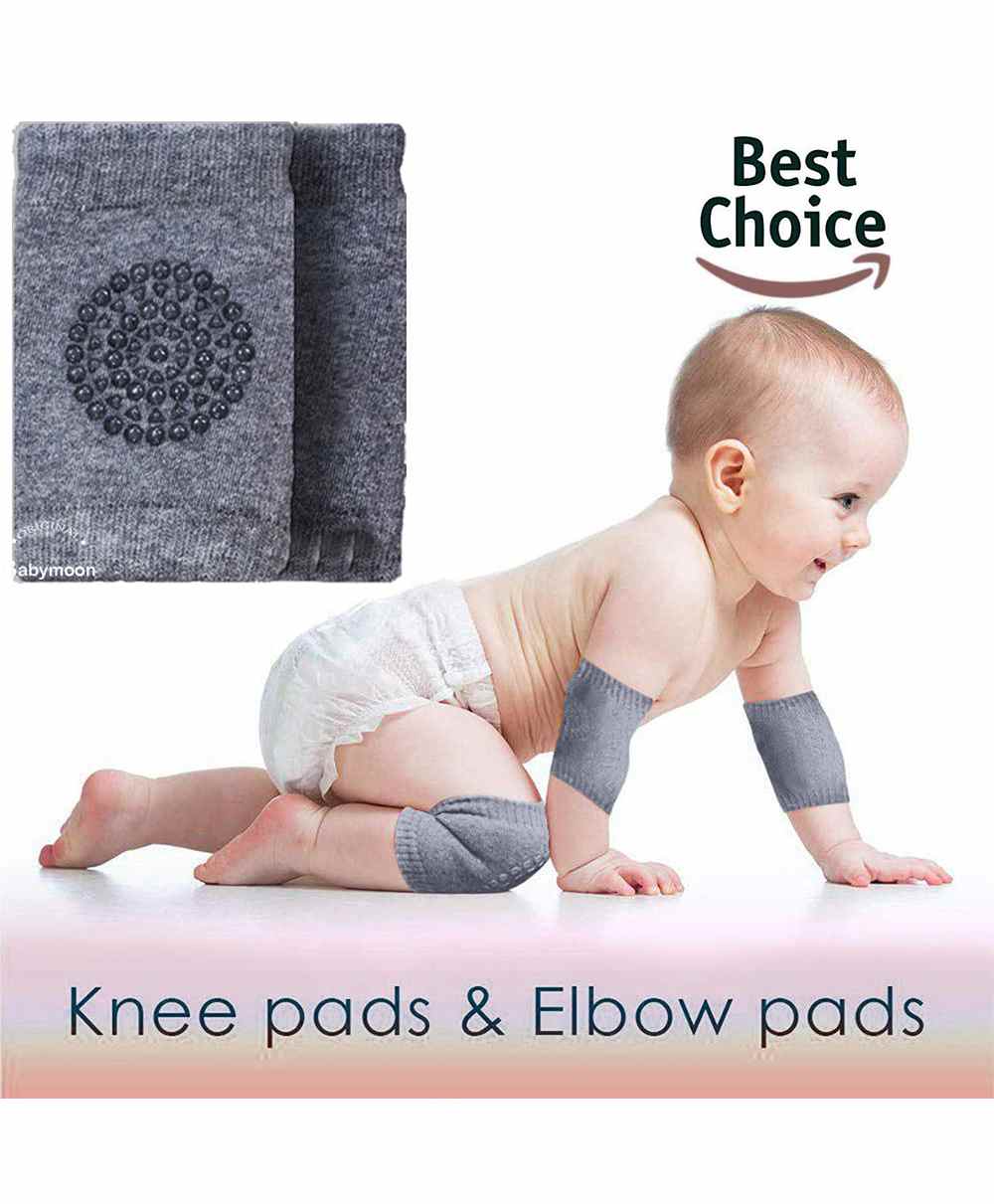 Babymoon Baby Kids Knee Pads AntiSlip Stretchable Knee Cap Elbow Safety - Light Grey