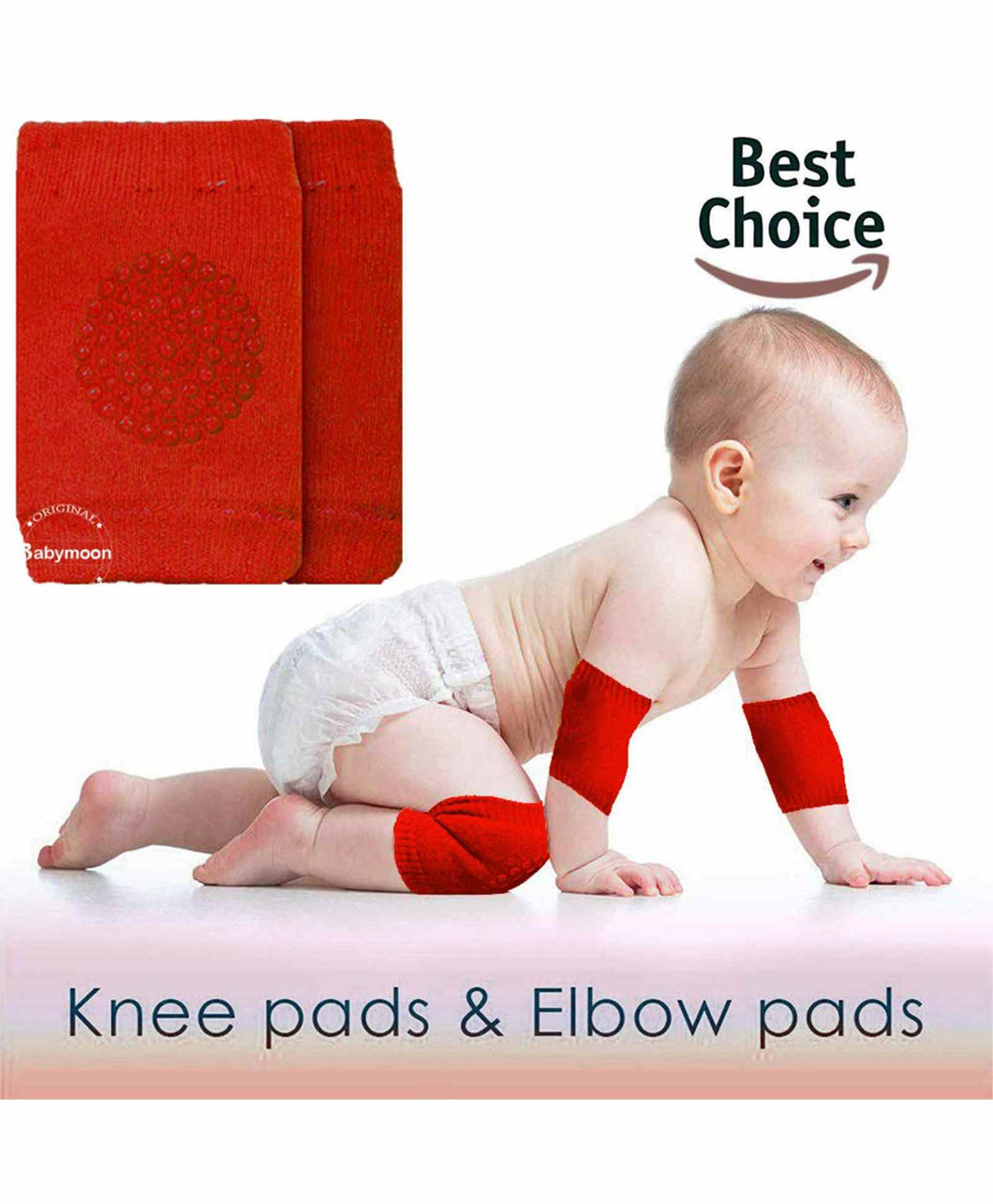 Babymoon Baby Kids Knee Pads AntiSlip Stretchable Knee Cap Elbow Safety - Red