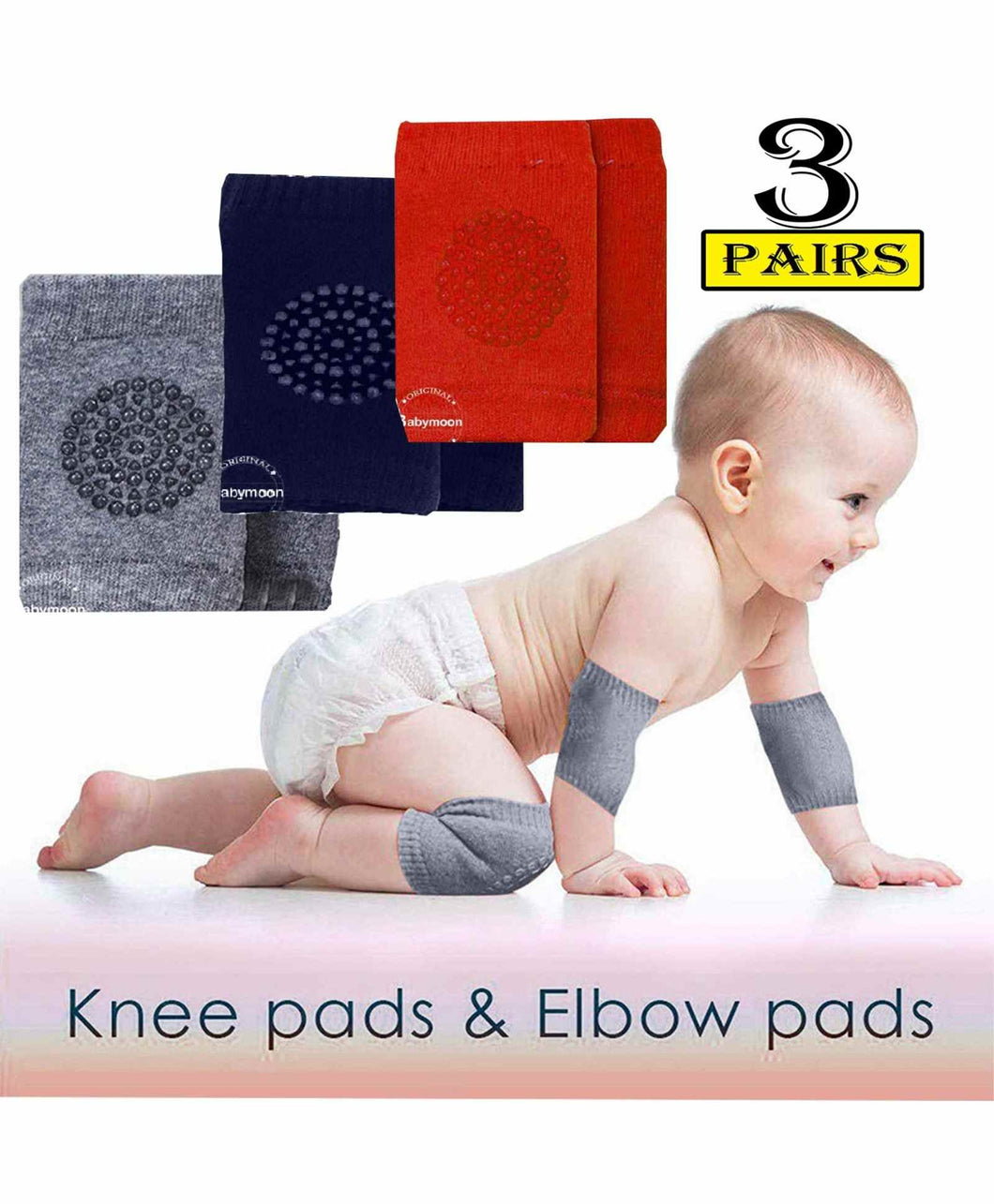 Babymoon Baby Kids Knee Pads AntiSlip Stretchable Knee Cap Elbow Safety - Dark Grey, Dark Blue & Grey
