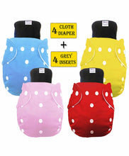 Load image into Gallery viewer, Babymoon Free Size Washable & Reusable 4 Cloth Diapers With 4 Grey Insert - Pack of 8
