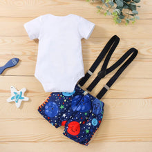 Load image into Gallery viewer, Babymoon 1st Birthday Cake Smash Outfit |Romper & Suspender Costume | 1 Yr - Blue